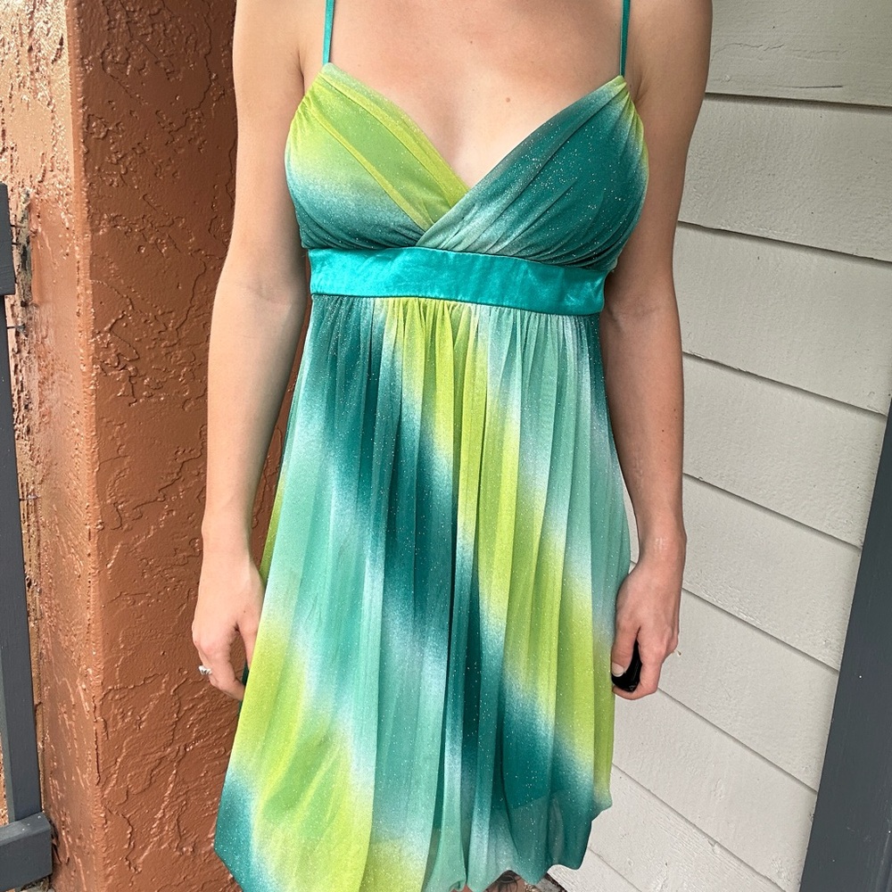 Ruby Rox Green And Blue Ombre Dress Glitter Tie Back V Neck